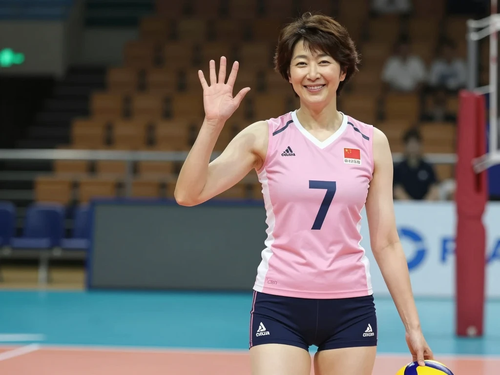 ママさんバレー中に手を振る五十路おばさん