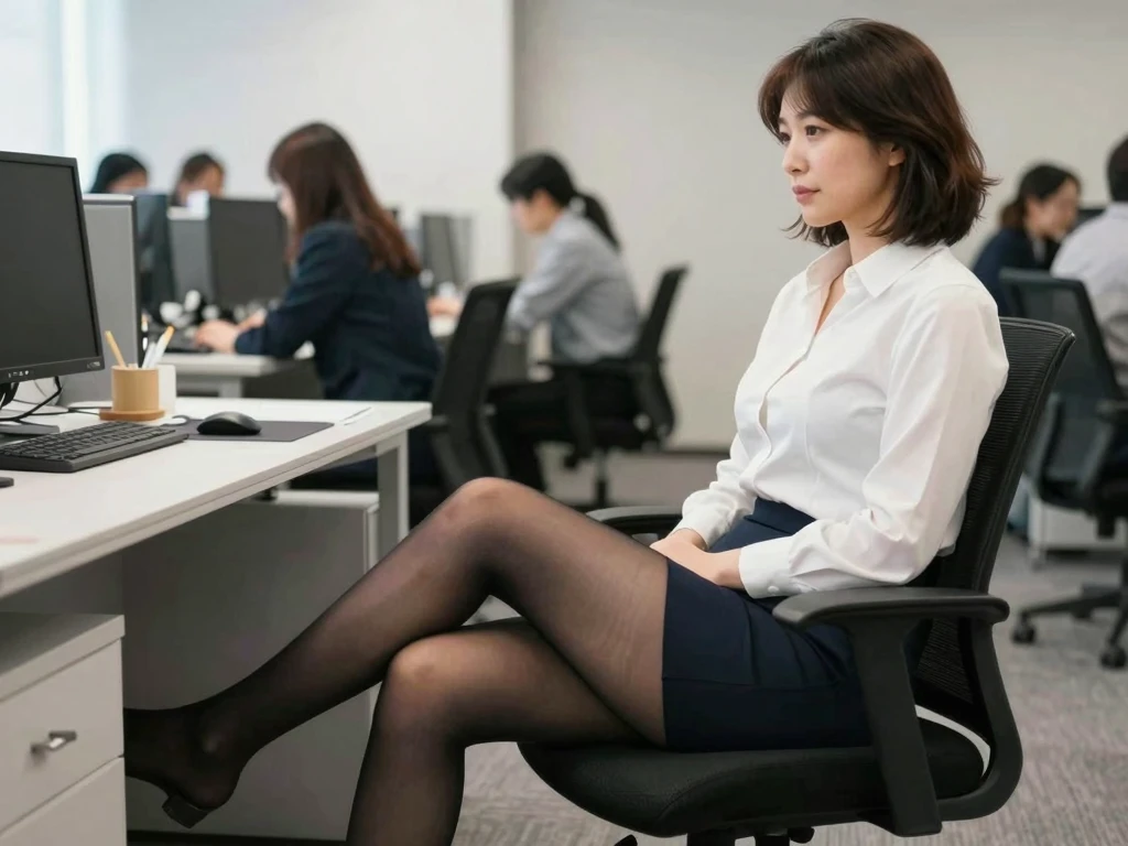 会社のデスクでパンストを履いた足を組み考え事をする三十路熟女OLのAIエロ画像