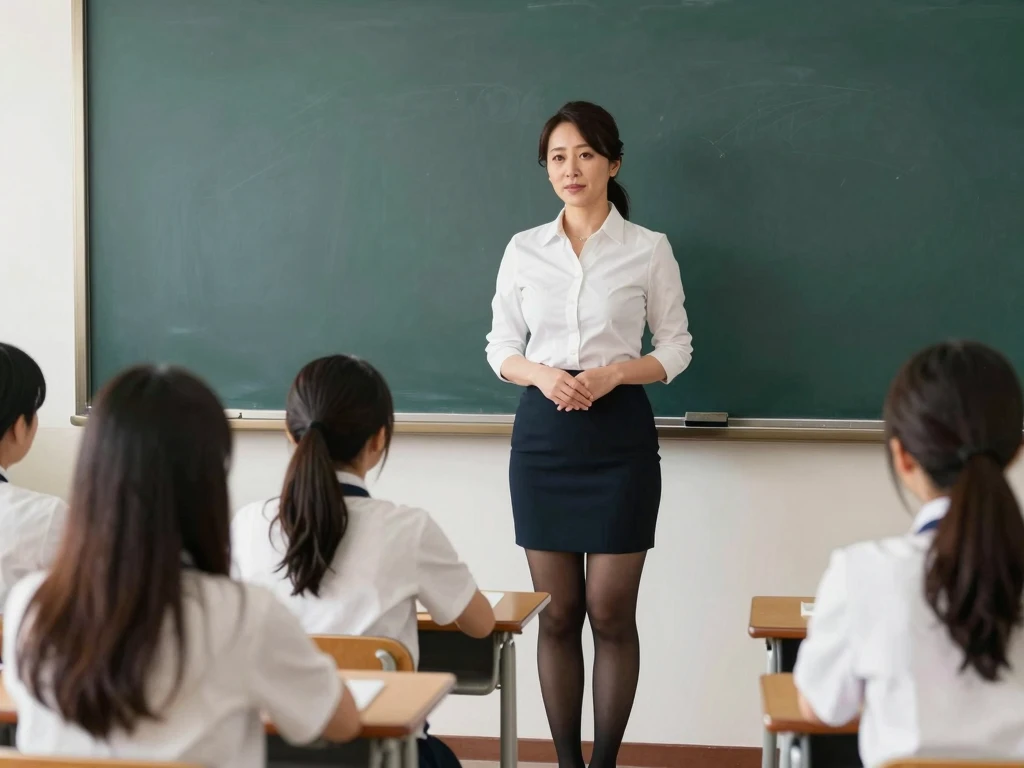 教壇に立って黒ストッキングの太ももを少し開き、誘うような視線を向ける淫らな熟女