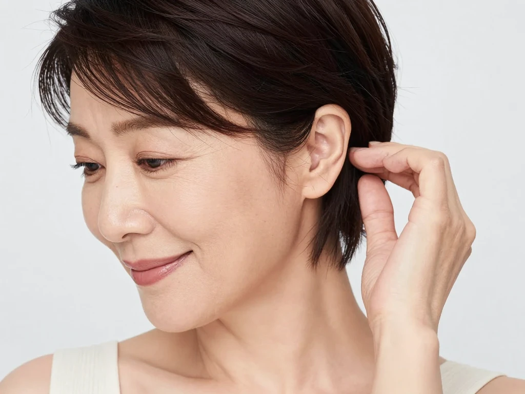 ショートヘアの奥さんが髪を耳に掛ける仕草。AIフェチ画像。