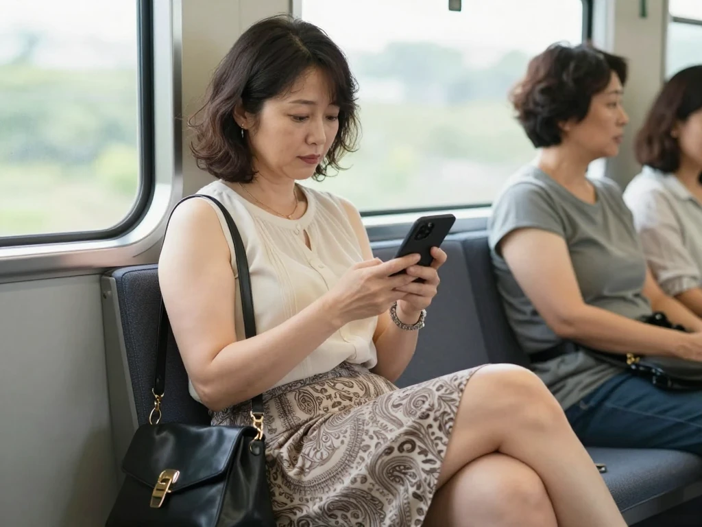 電車に座っているノースリーブから二の腕を覗かせている四十路おばさんを盗撮したAIエロ画像。