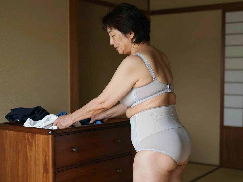 薄暗い和室でガードル姿のむっちり熟女を後ろから捉えたAIエロ画像。生活感のあるシーン。