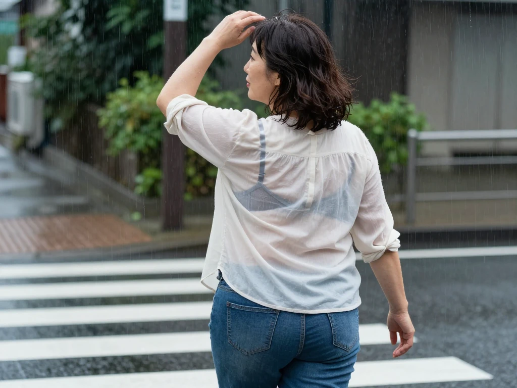 夏の夕立で服が透ける五十路熟女のAIエロ画像。お尻の肉感が色っぽい。