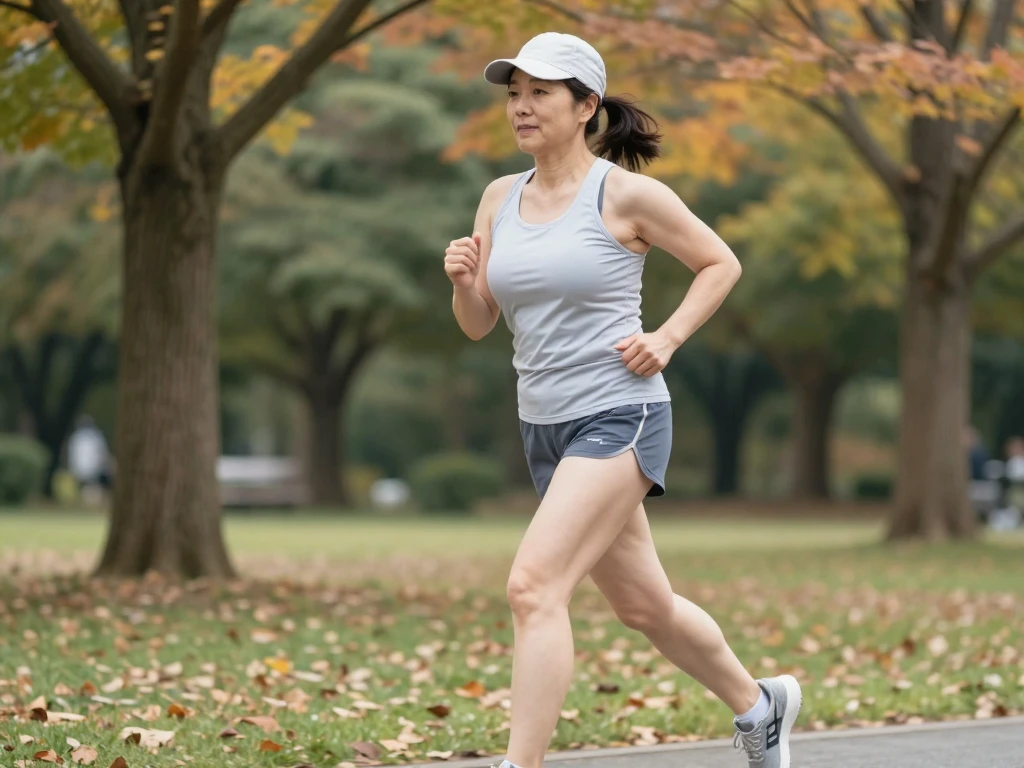 ショートパンツにタンクトップ姿で走る熟女のAIエロ画像。